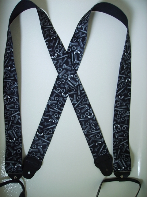 BUTTON-ON NUTS AND BOLTS Suspenders 2 inches wide and 48 inches long. Black Color. UA120N48NBBK